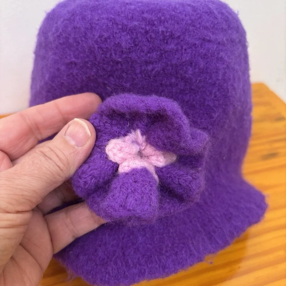 Handmade Y2K‎ Girls Purple Pink Wool Felted Cloche Hat 4-6 Years Flower Accent